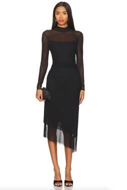 Steve Madden | Blare Dress in Black Mesh Asymmetric Overlay Midi Revolve XL